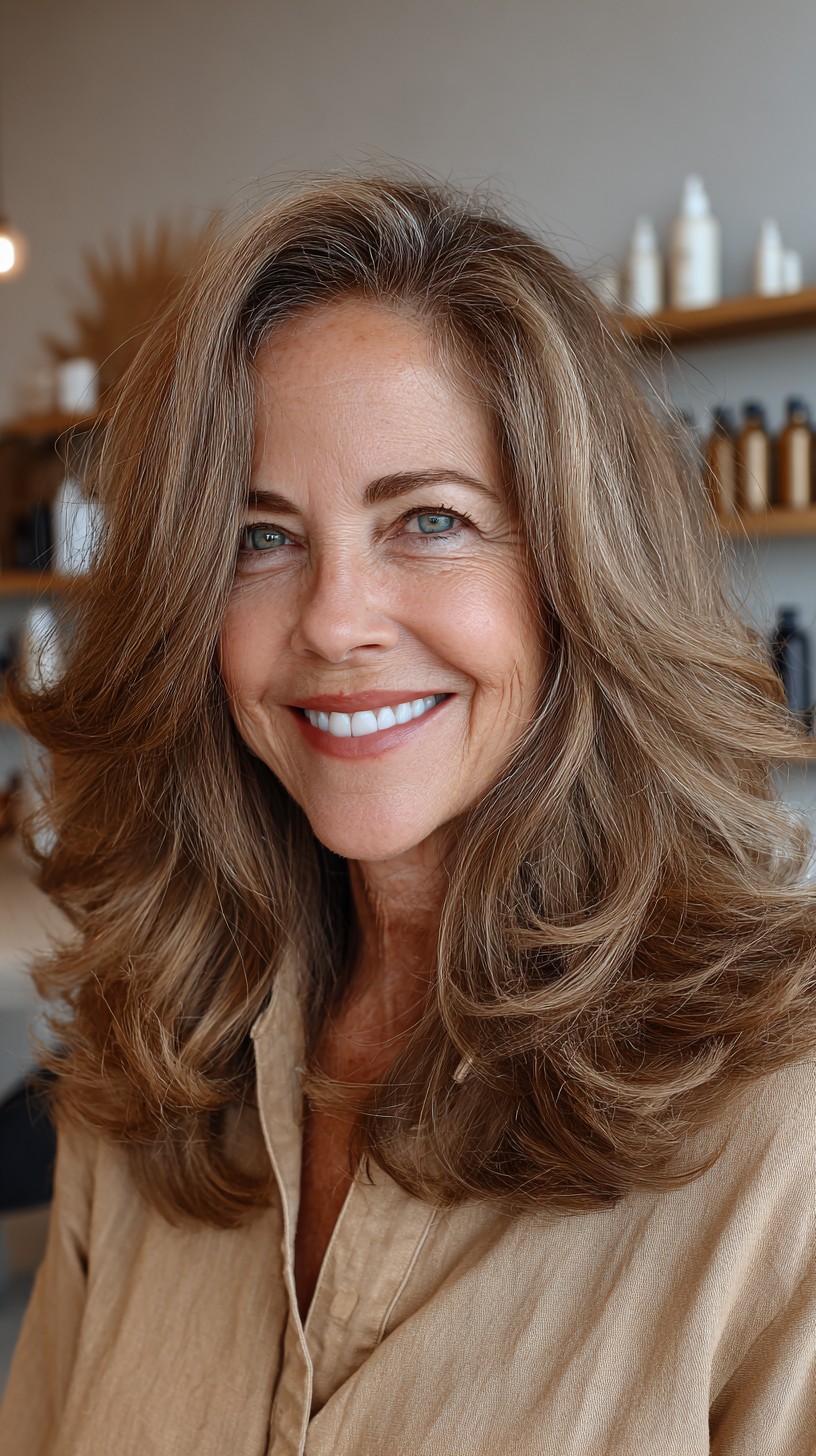 Warm Ash-Brunette Long Layers with Root Shadow and Feathered Ends
