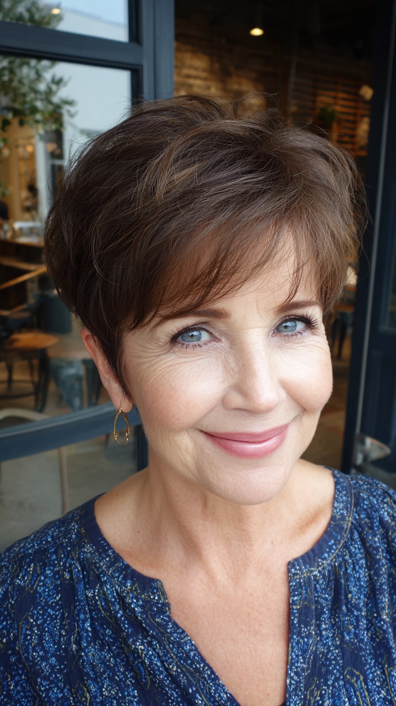 Warm Chocolate Layered Pixie with Soft Side Fringe
