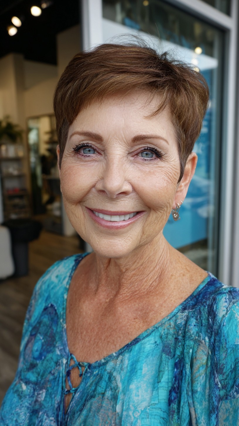 Warm Cinnamon Tapered Pixie with Soft Micro Fringe