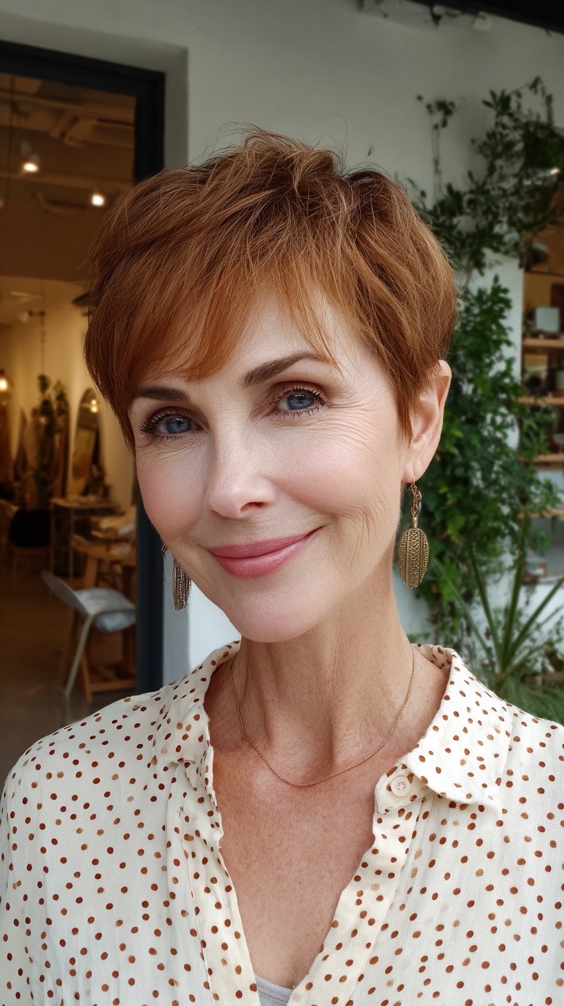 Warm Copper Micro-Pixie with Feathered Temple Taper