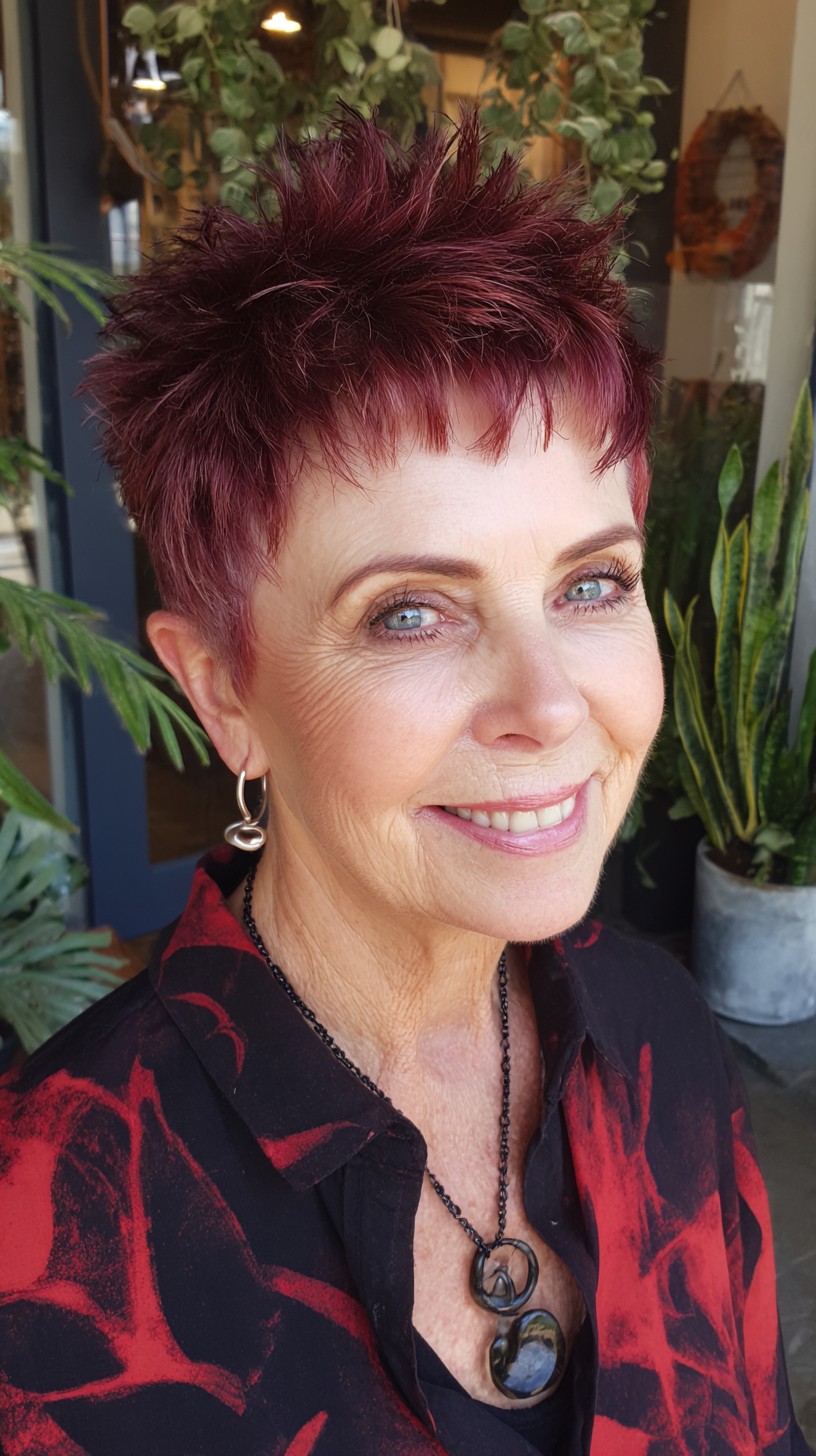 Wine-Red Spiky Pixie with Cropped Fringe and Tapered Nape