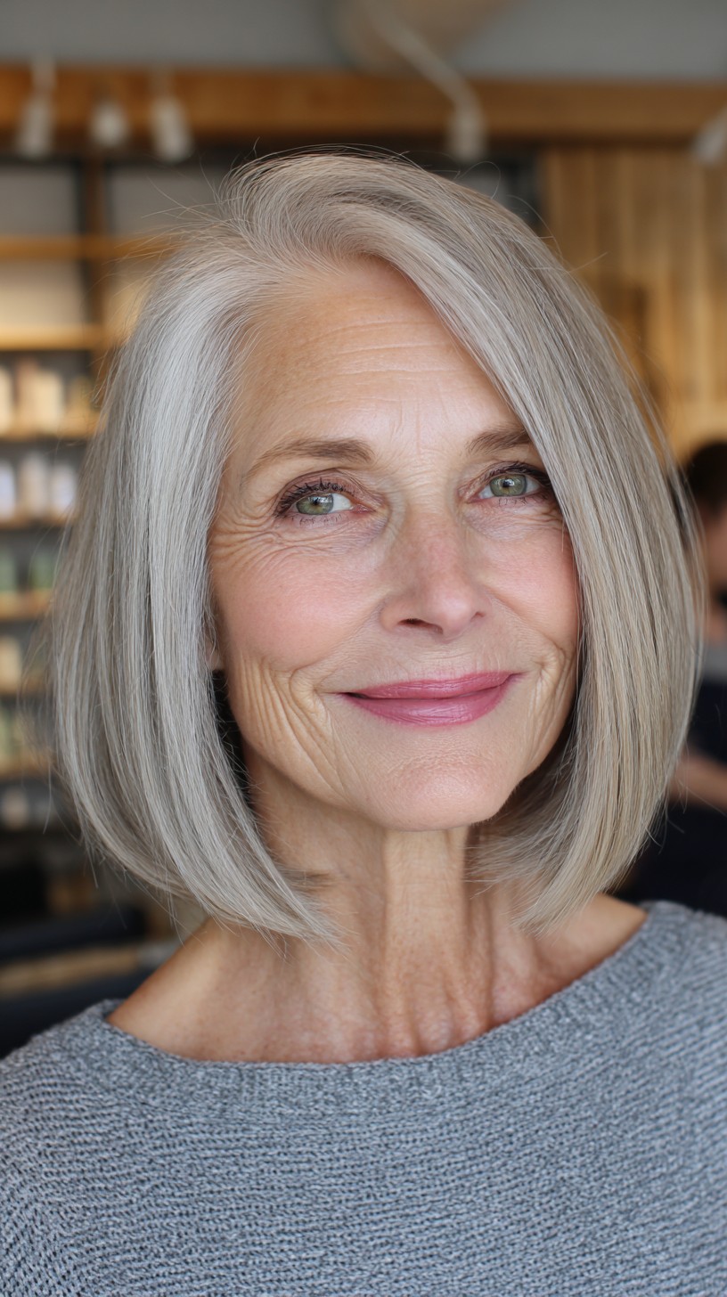 Ash-Silver Chin-Length Precision Bob with Long Side Sweep