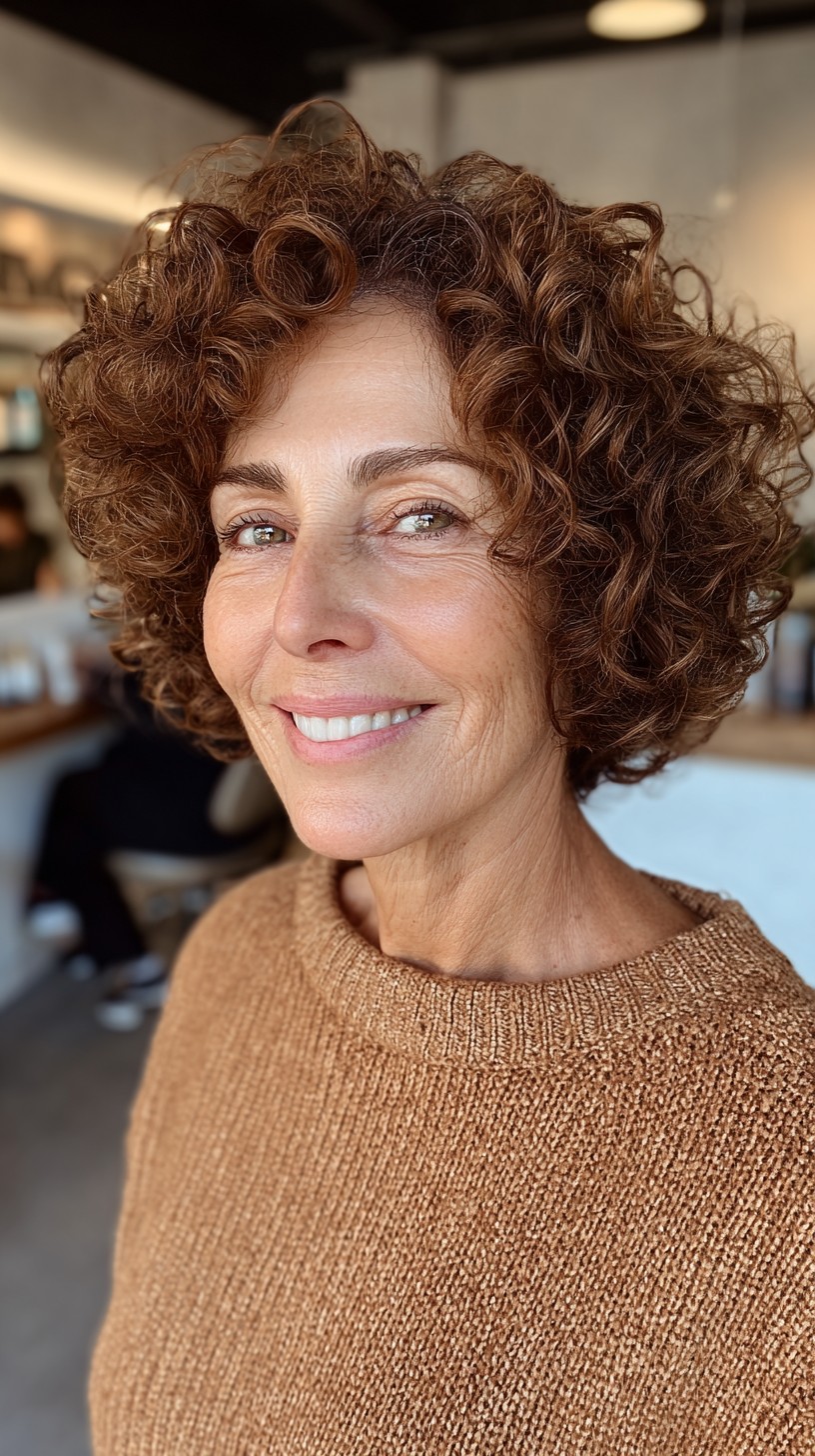 Curly Chestnut Rounded Bob with Sculpted Crown