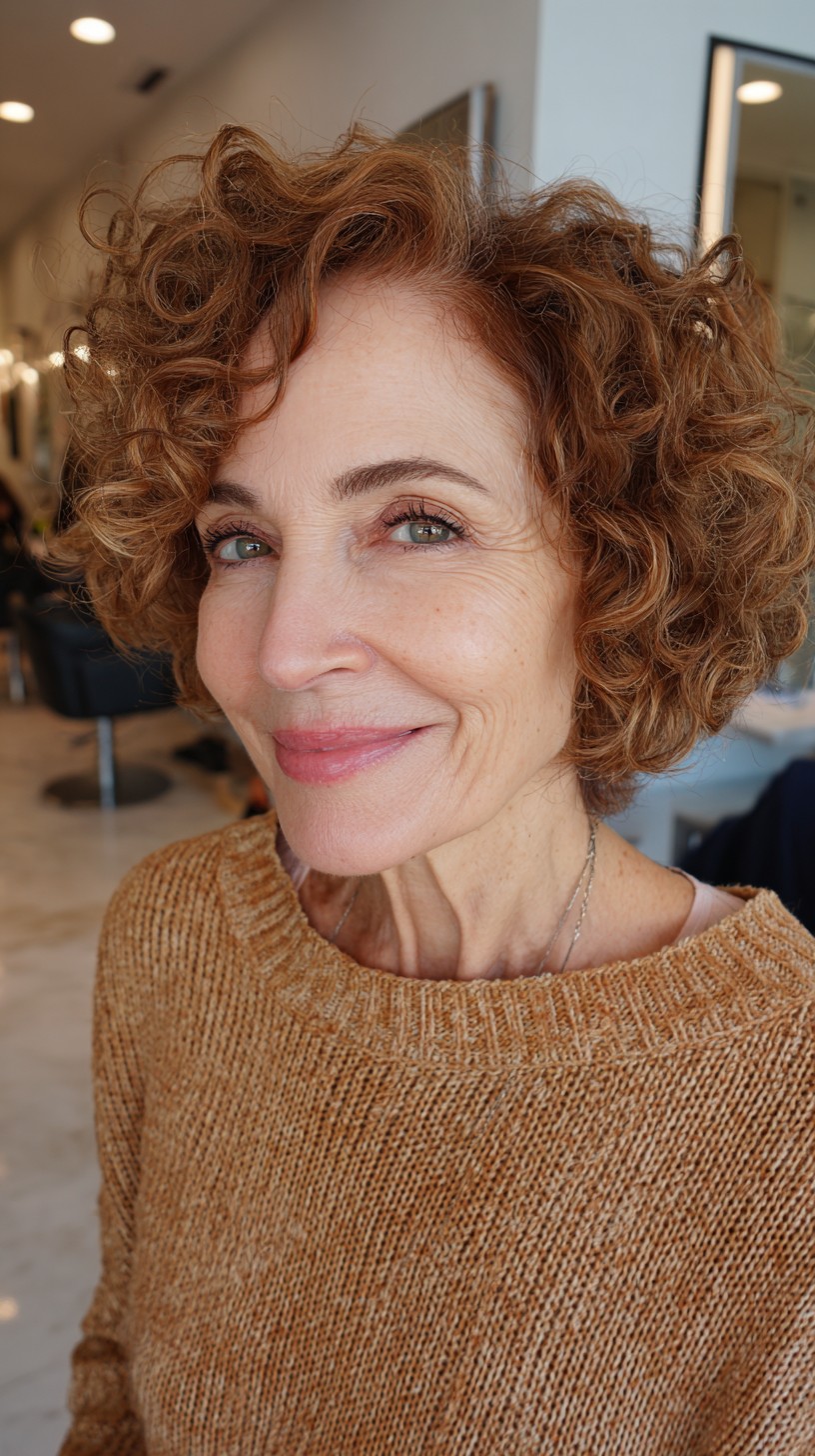 Curly Copper Chin-Length Italian Bob with Interior Graduation