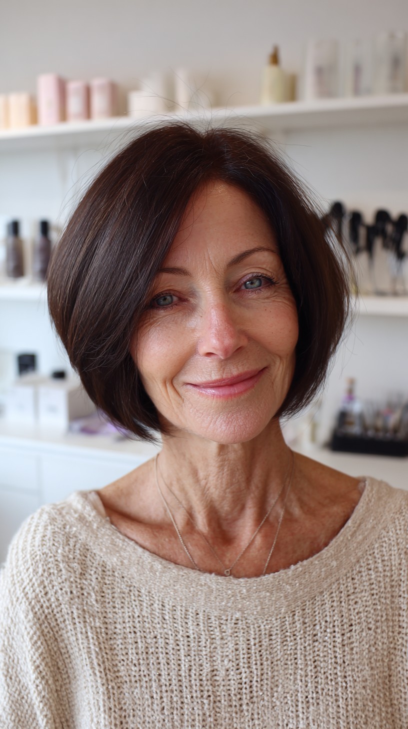 Dark Brunette Rounded Chin-Length Bob with Soft Interior Graduation