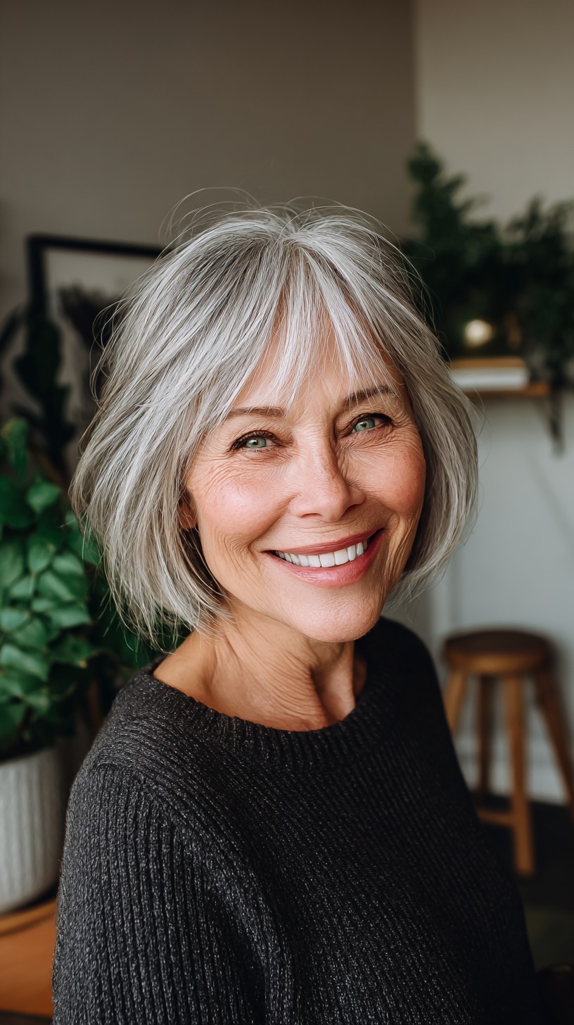 Feathered Silver Chin-Length Bob with Curtain Fringe