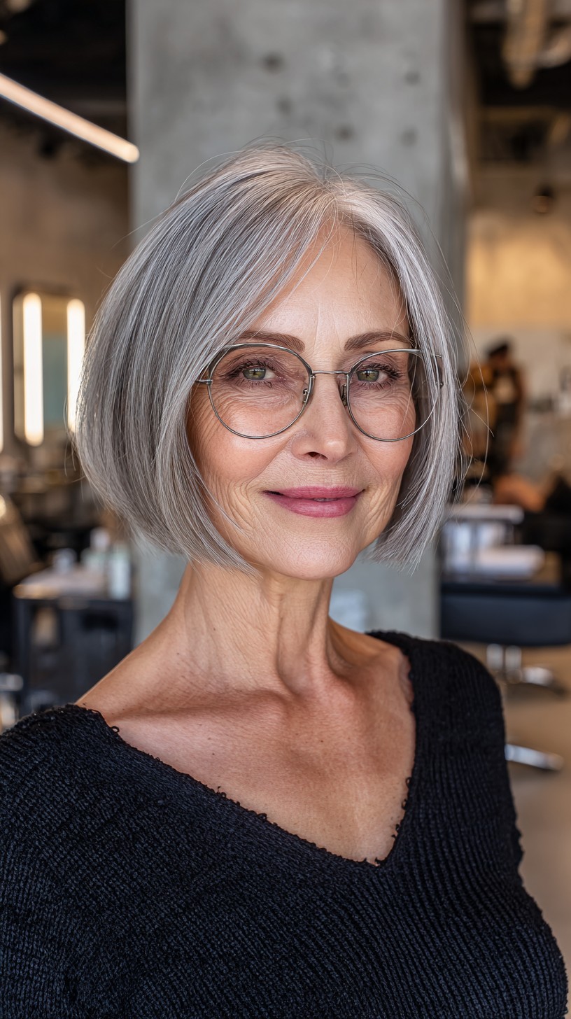 Glasses-Friendly Silver Chin-Length Bob with Soft Interior Graduation