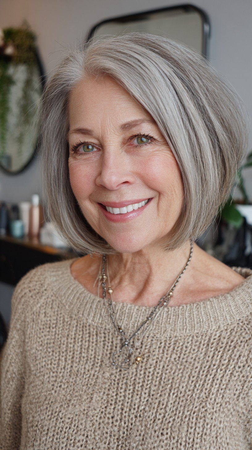 Silver Rounded Chin-Length Bob with Root Shadow and Crown Lift
