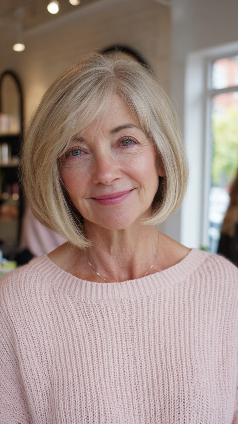 Silver Stacked Chin-Length Bob with Side-Swept Fringe