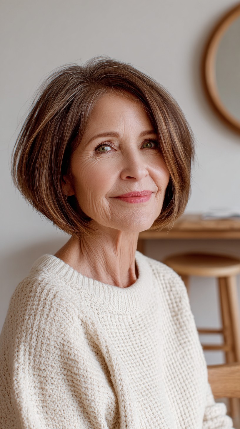 Soft Rooted Chestnut Rounded Bob with Subtle Silver Accents