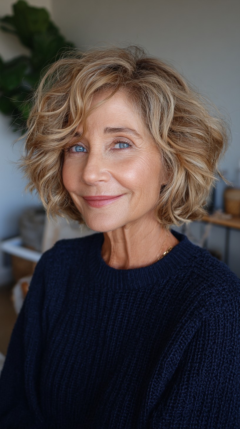 Textured Bronde Wavy Chin-Length Bob with Face-Framing Sweep