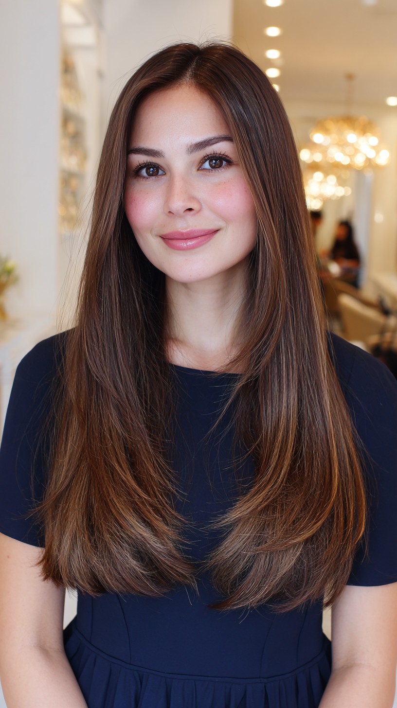 Sleek Long Layers with Soft Face-Framing and Feathered Ends
