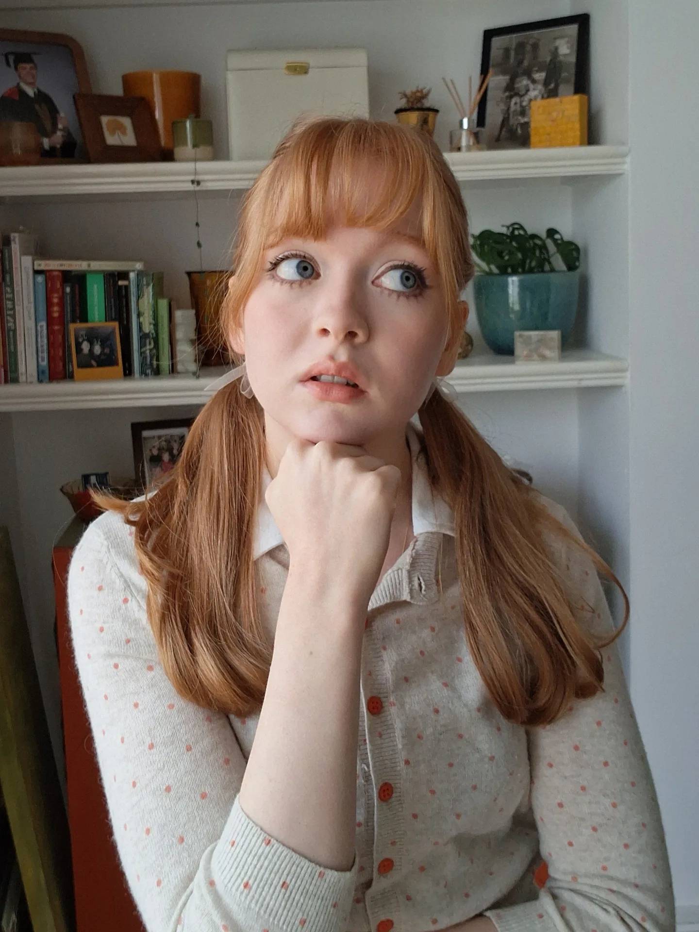 Strawberry Copper Low Pigtails with Blunt Fringe
