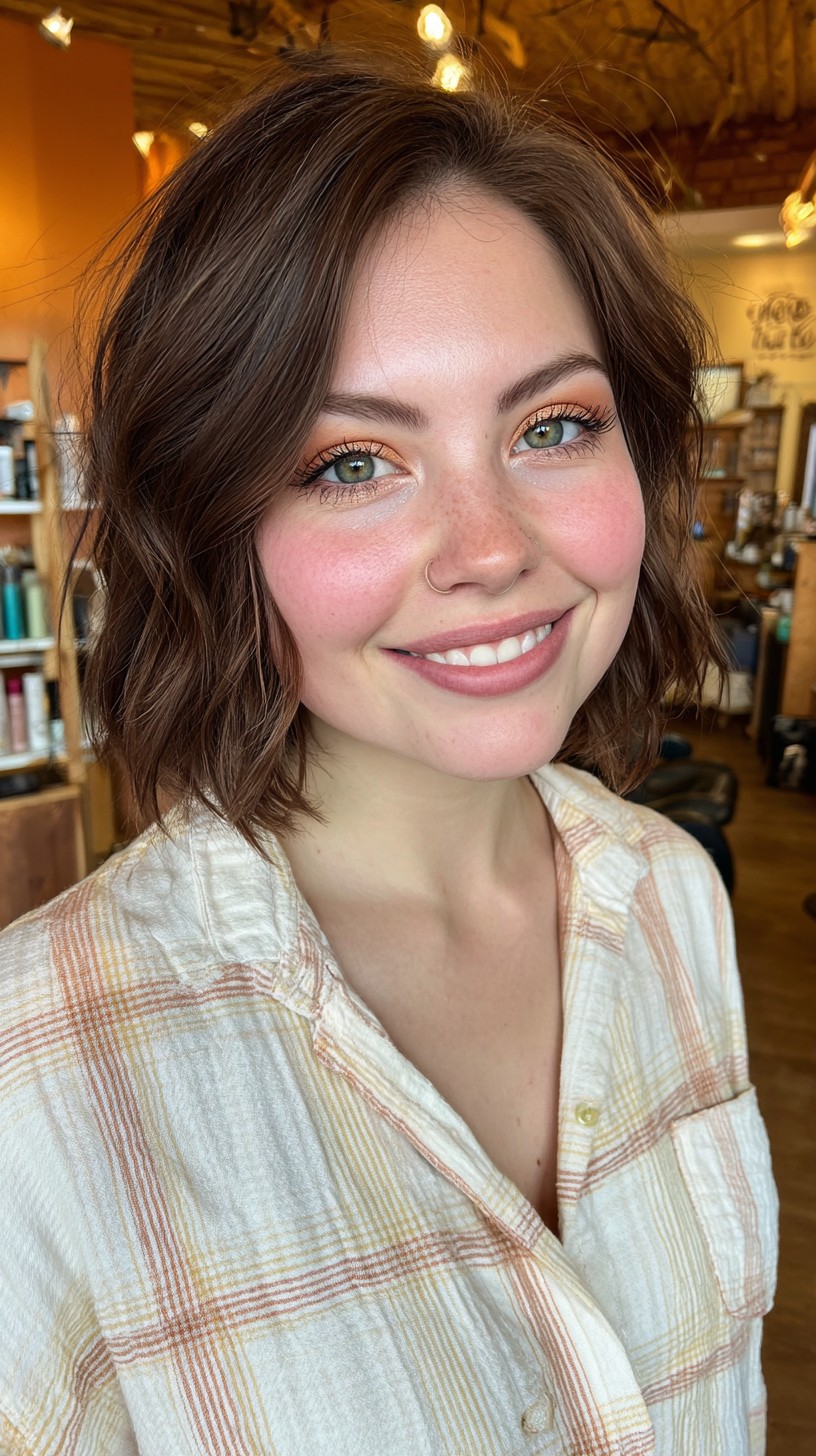 Textured Chin-Length Wavy Bob with Soft Face-Framing Layers