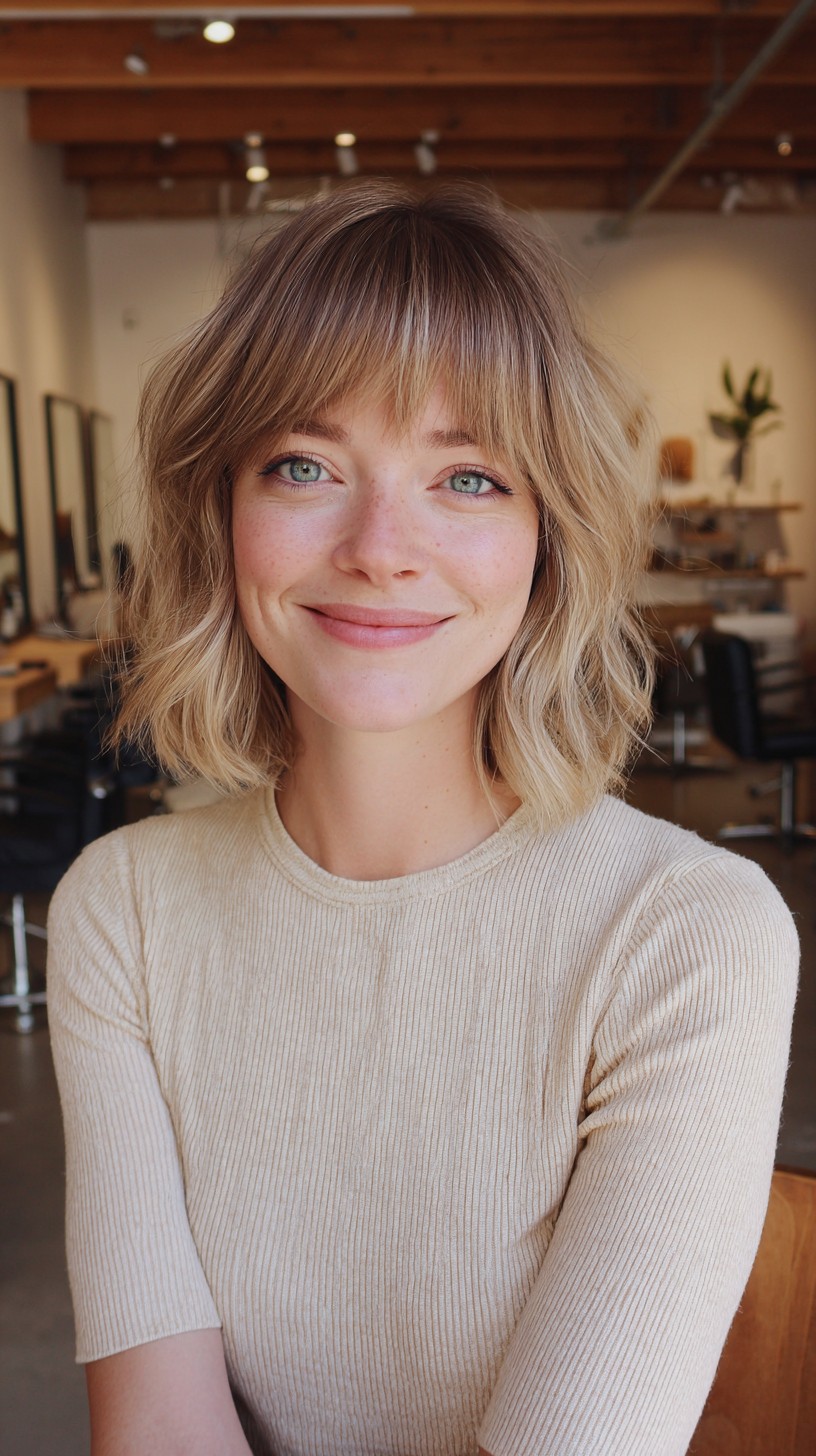Textured Collarbone Bob with Soft Curtain Fringe and Root-Melt Balayage