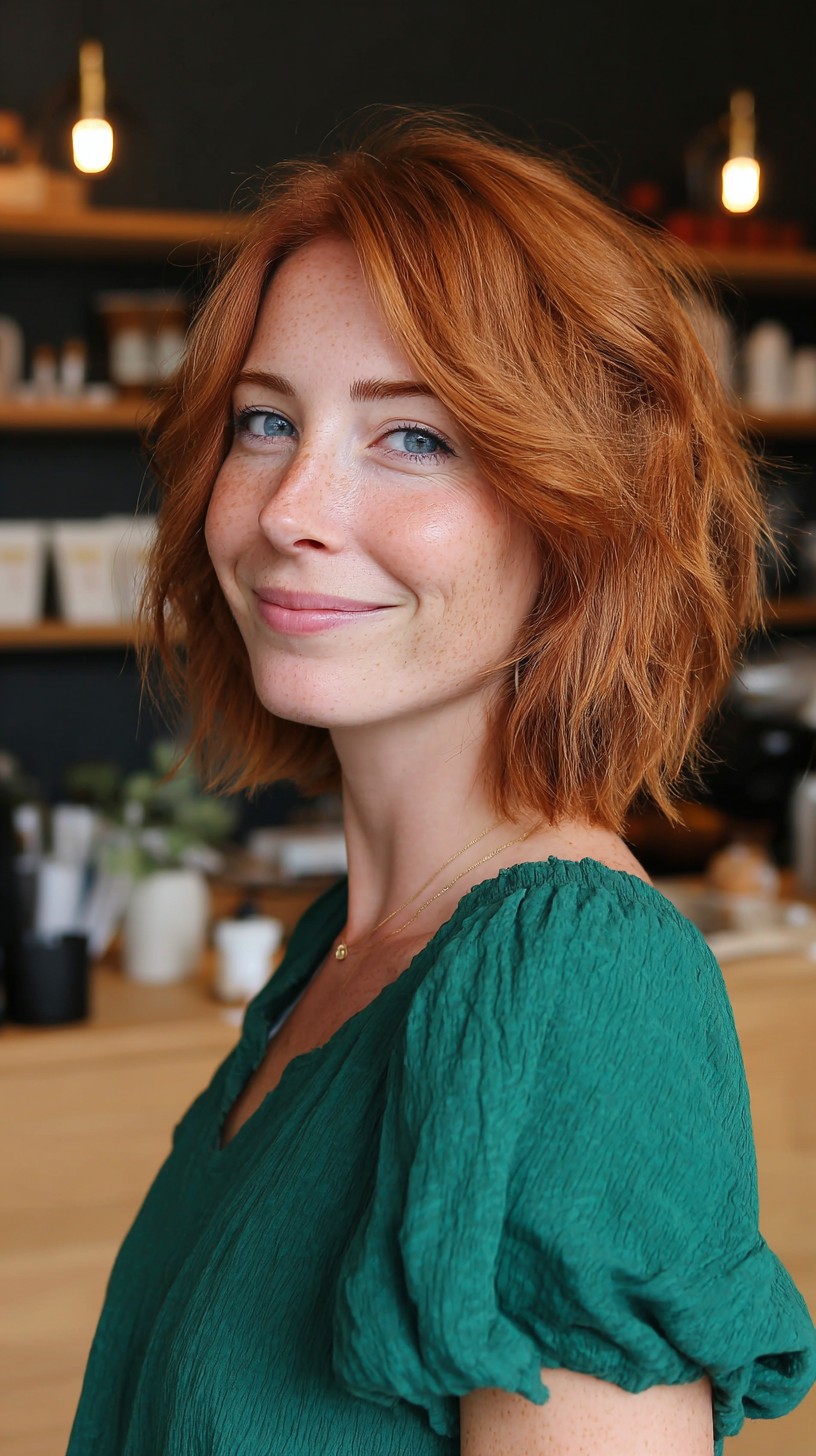 Textured Copper Chin-Length Shag with Soft Face-Framing Layers