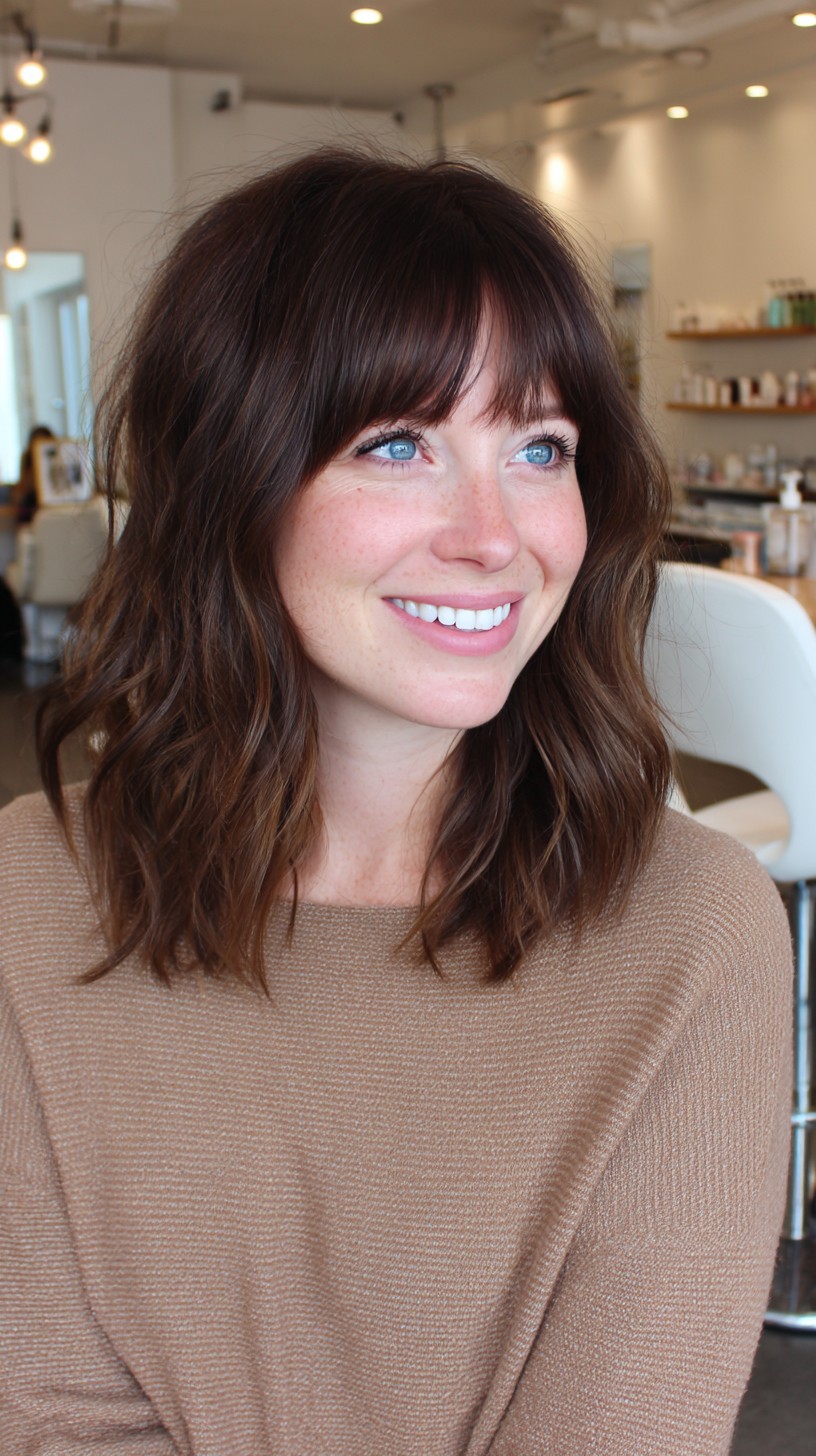 Textured Shoulder-Grazing Lob with Feathered Curtain Bangs