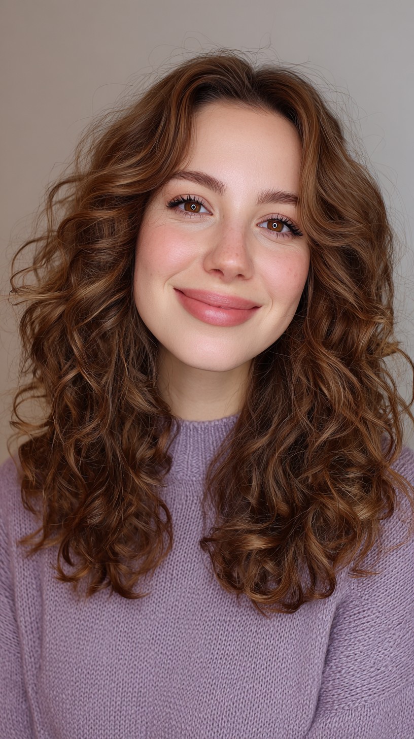 Warm Chestnut Mid-Length Curly Layers with Soft Curtain Part