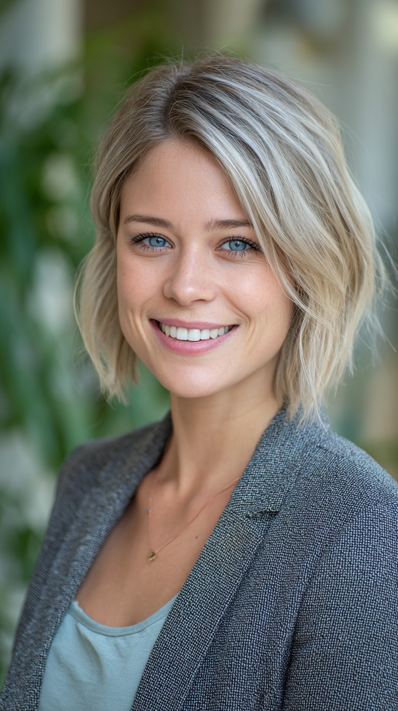 Ash-Blonde Textured Chin-Length Bob with Root Melt