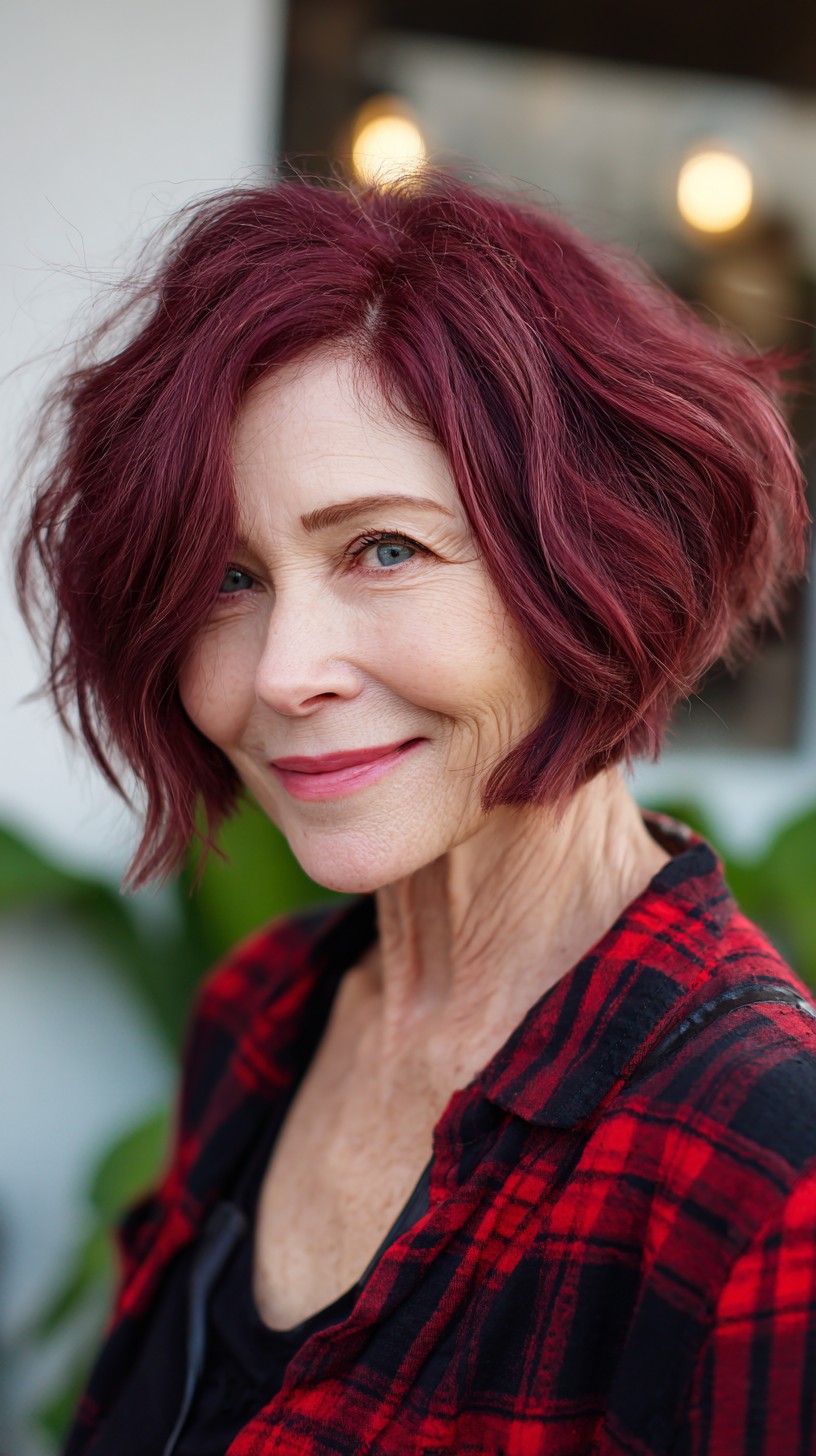 Burgundy Draped Textured Bob with Subtle Root Shadow