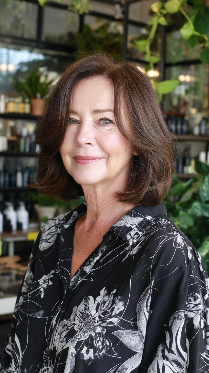 Chestnut Draped Bob with Interior Graduation and Face-Framing Layers