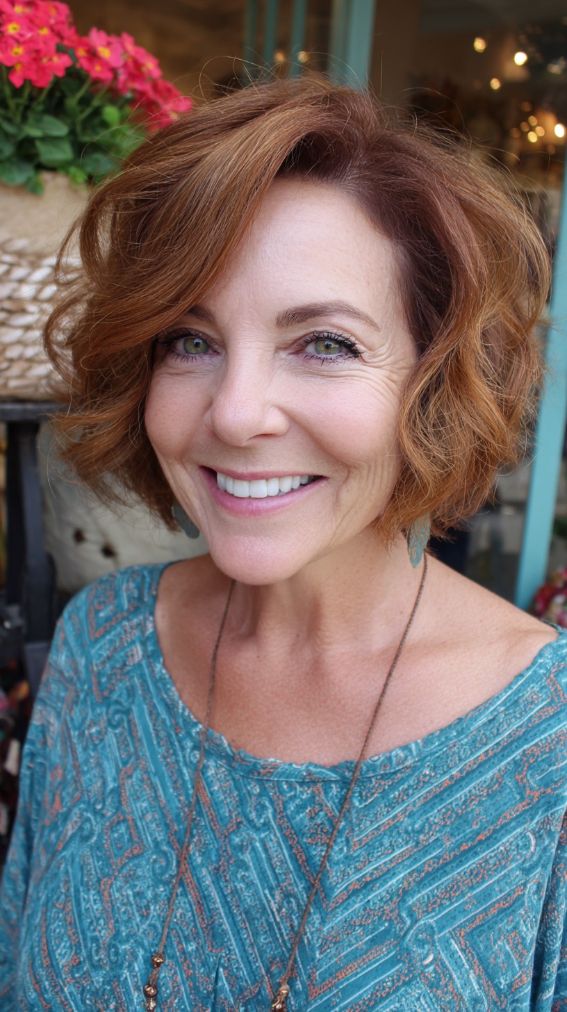 Copper-Peach Draped Bob with Lifted Side Sweep