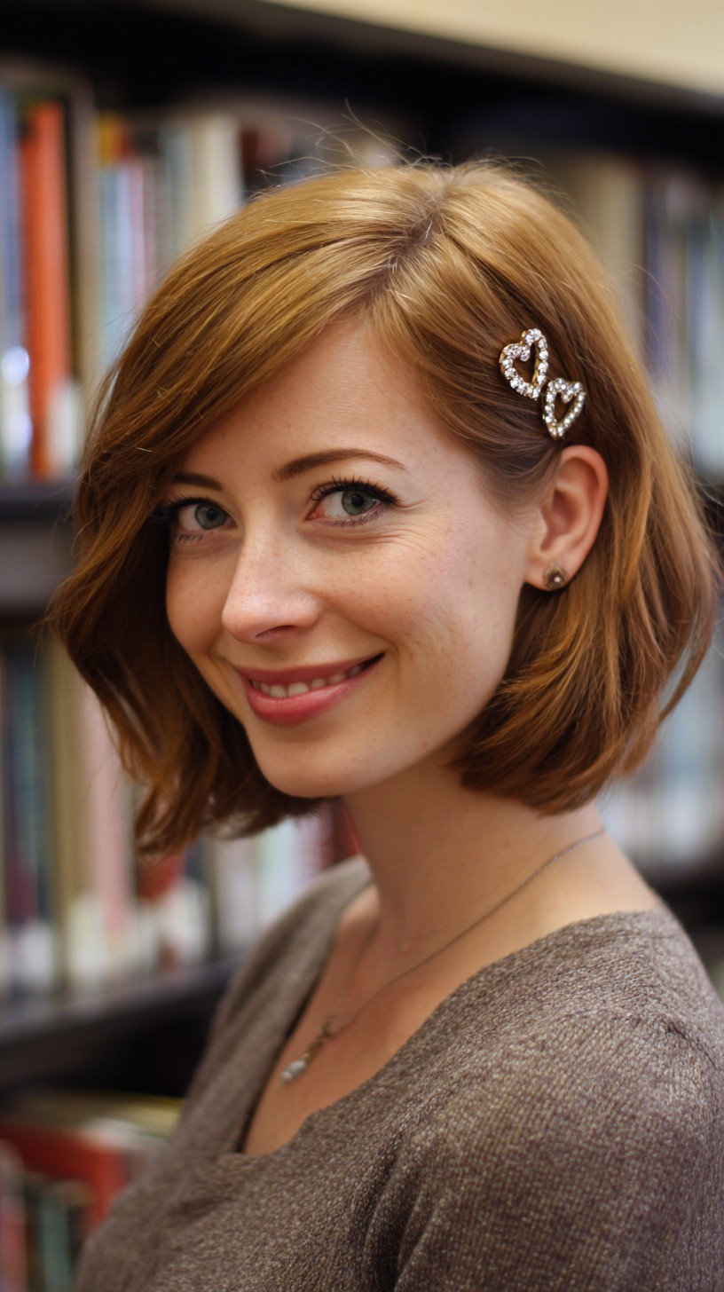 Copper Textured Chin-Length Bob with Side-Swept Fringe