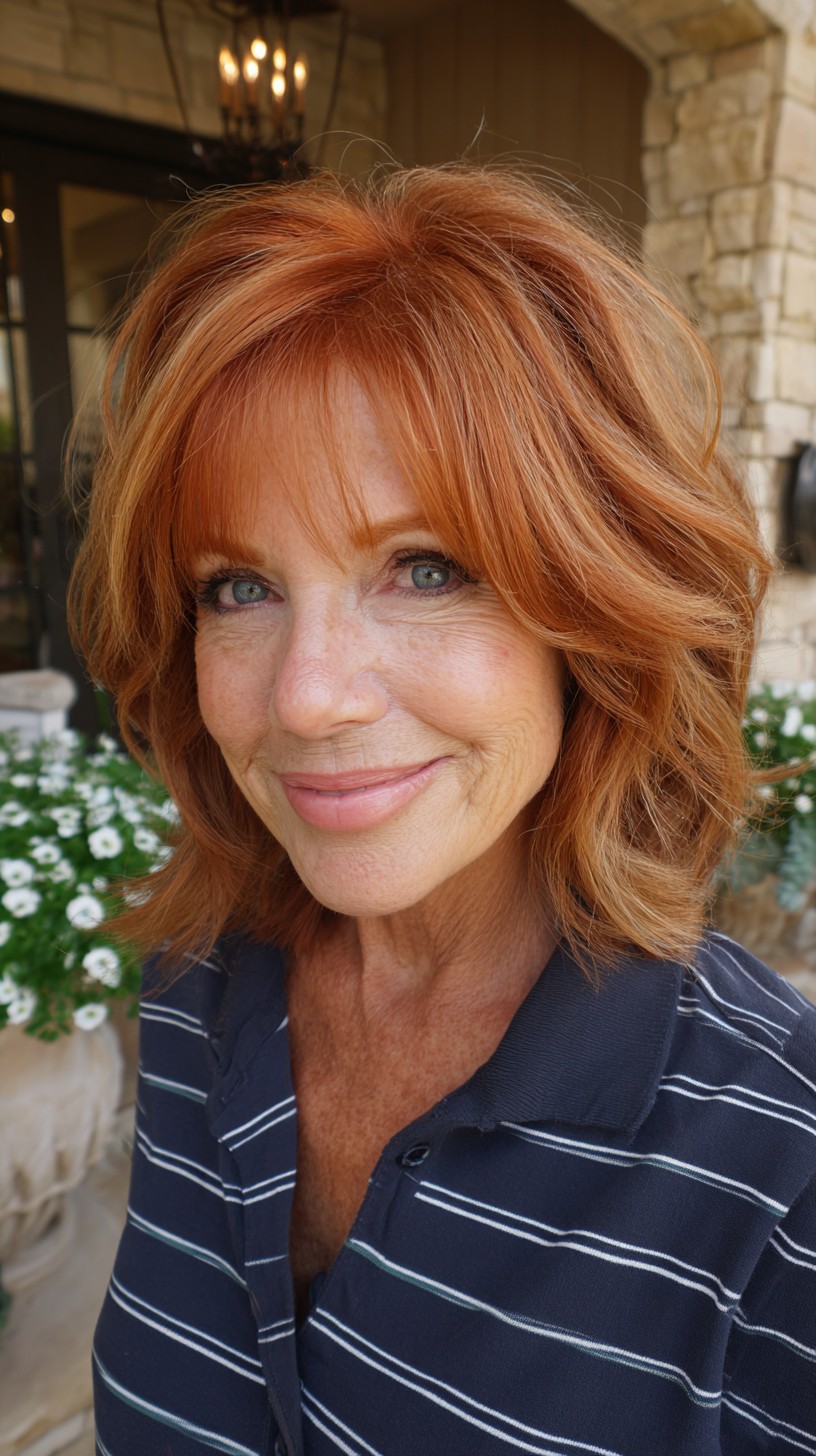 Fiery Copper Layered Long Bob with Feathered Fringe