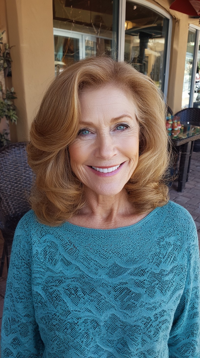 Golden Rolled-Under Layered Lob with Deep Side Part