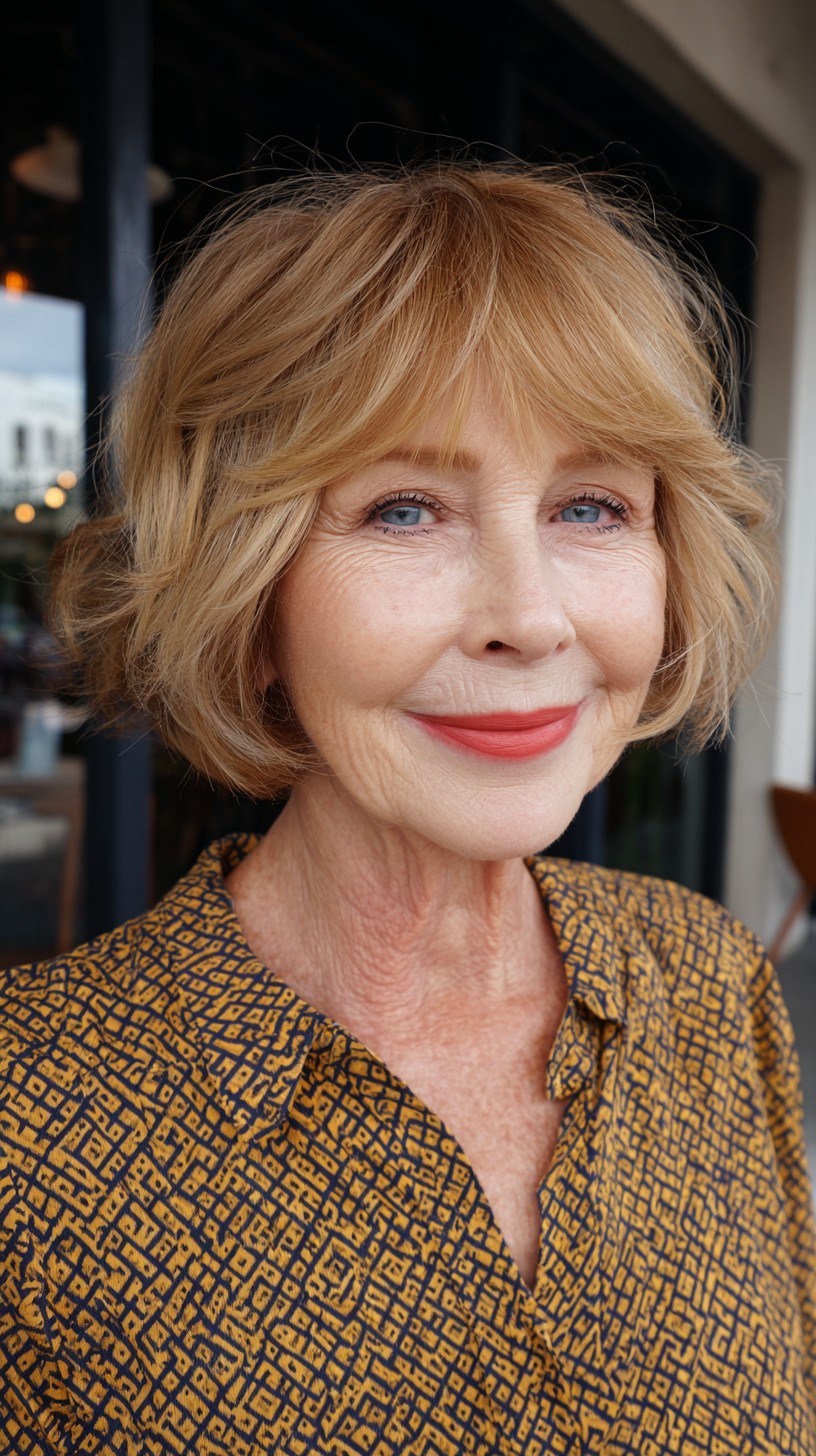 Golden Shaggy Chin-Length French Bob with Wispy Seamed Fringe