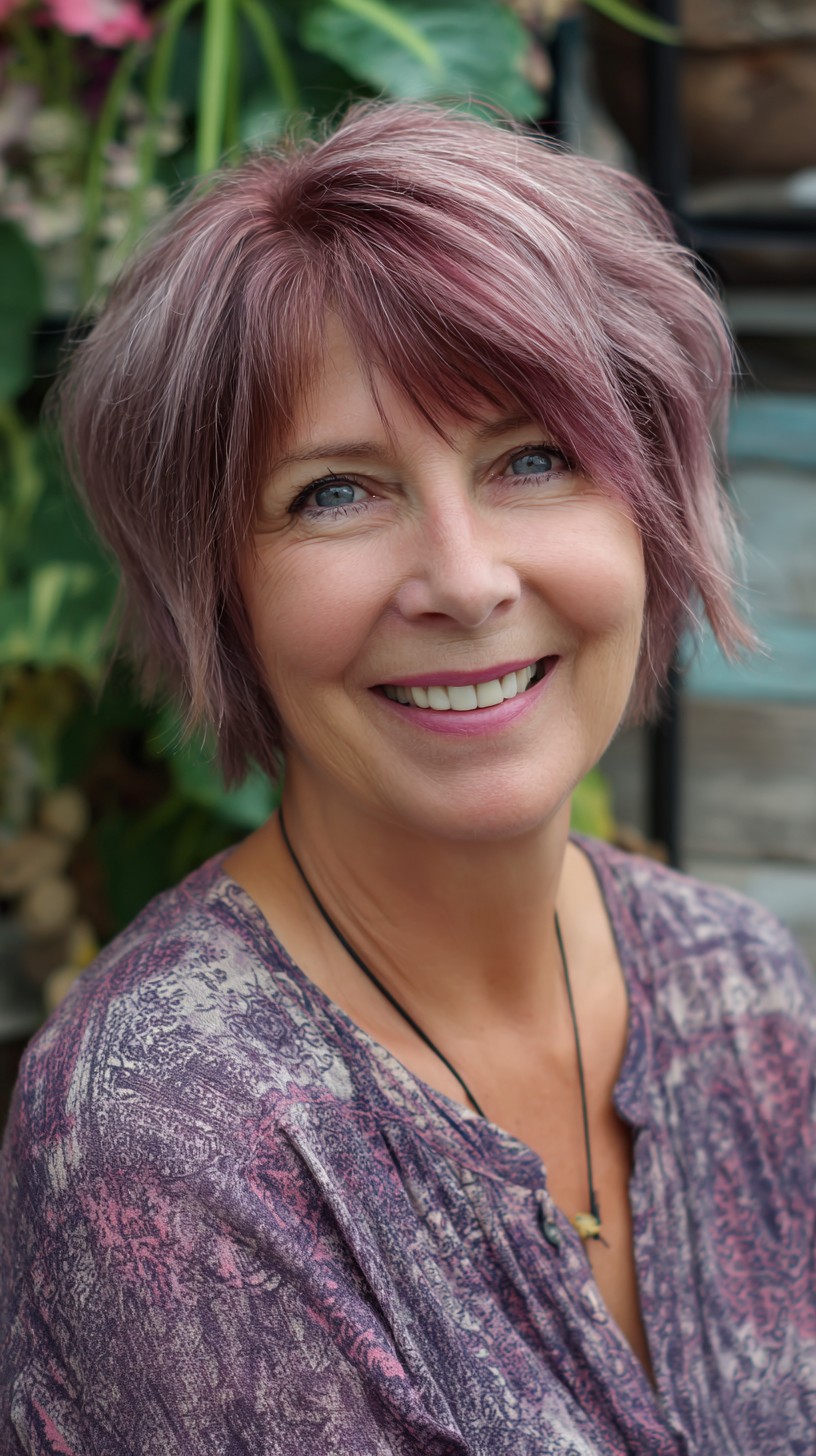Mauve-Silver Textured Draped Bob with Micro Fringe