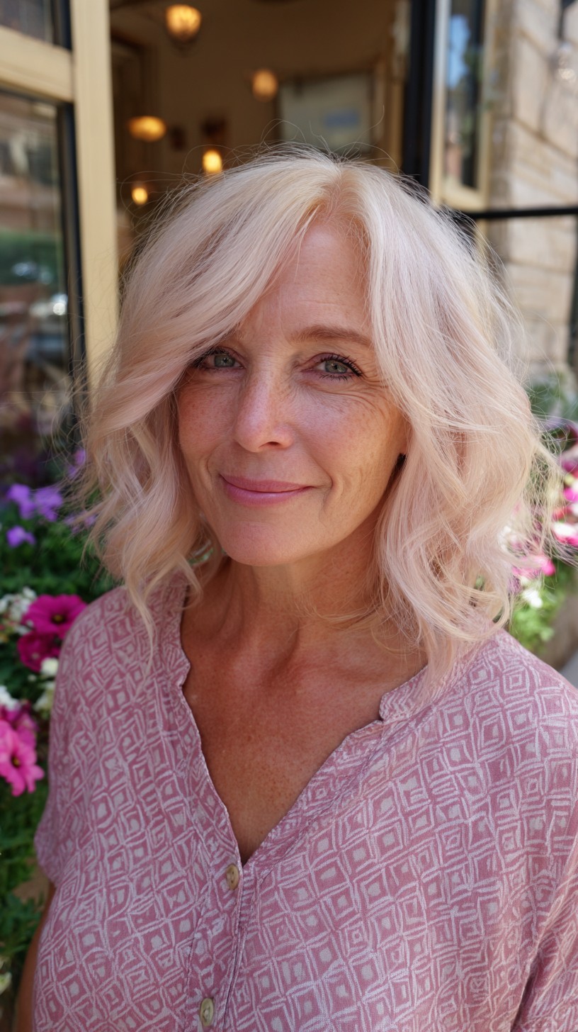 Pearl-Blush Textured Lob with Deep Side Part