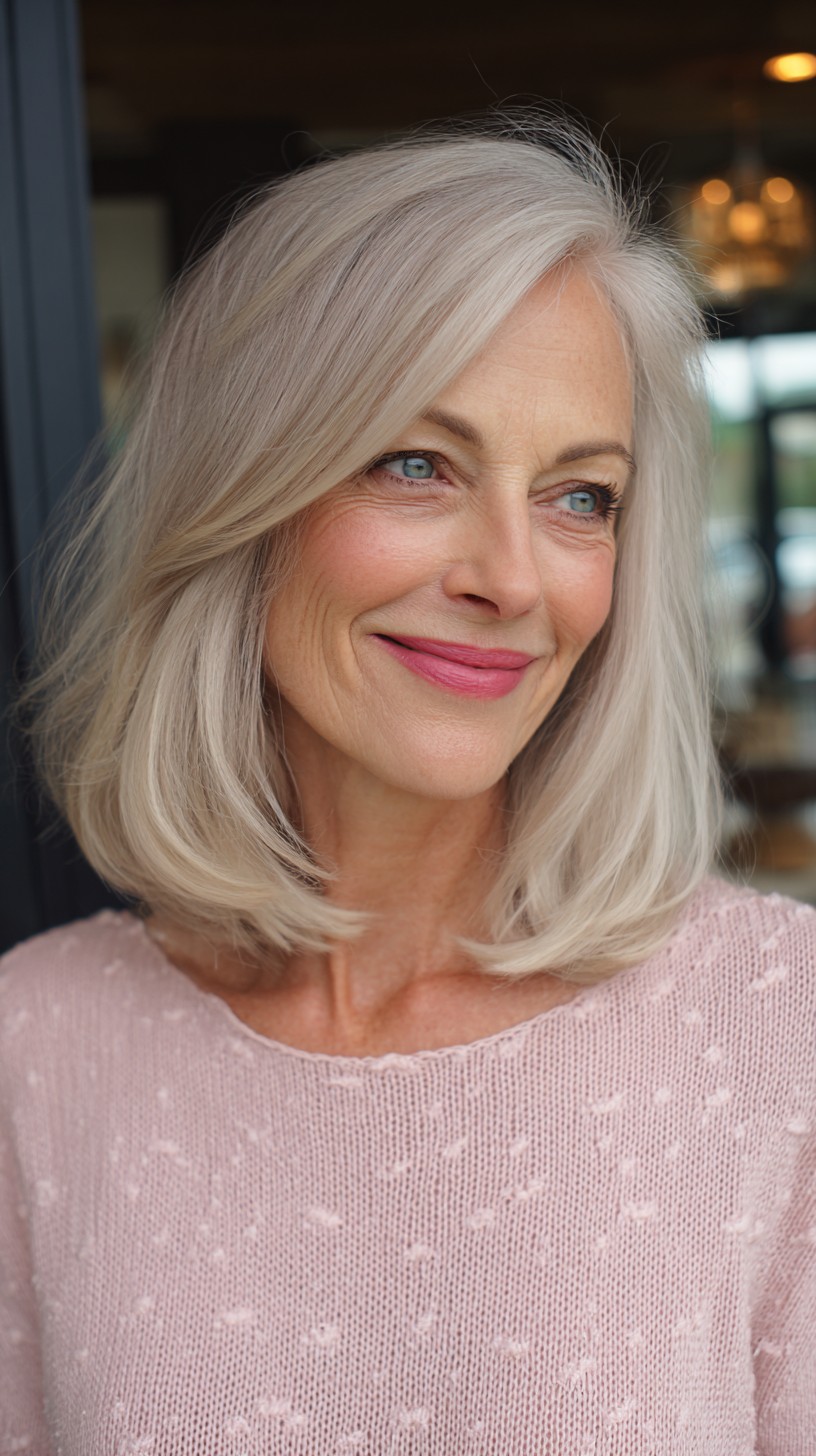 Platinum Shoulder-Length Lob with Long Side-Swept Face-Framing Layers