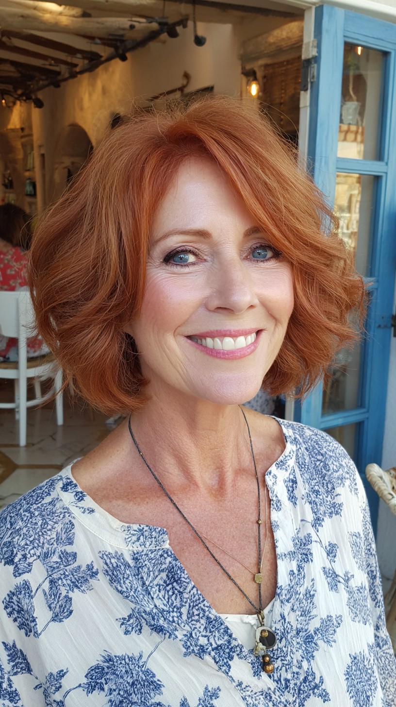 Radiant Copper Draped Bob with Crown Lift and Side-Swept Shape