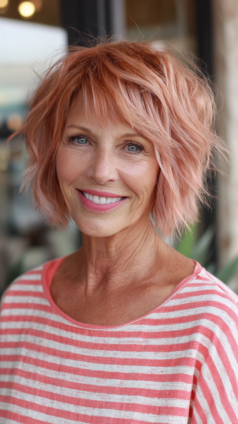 Rosy Copper Choppy Jaw-Length French Bob with Soft Wisps