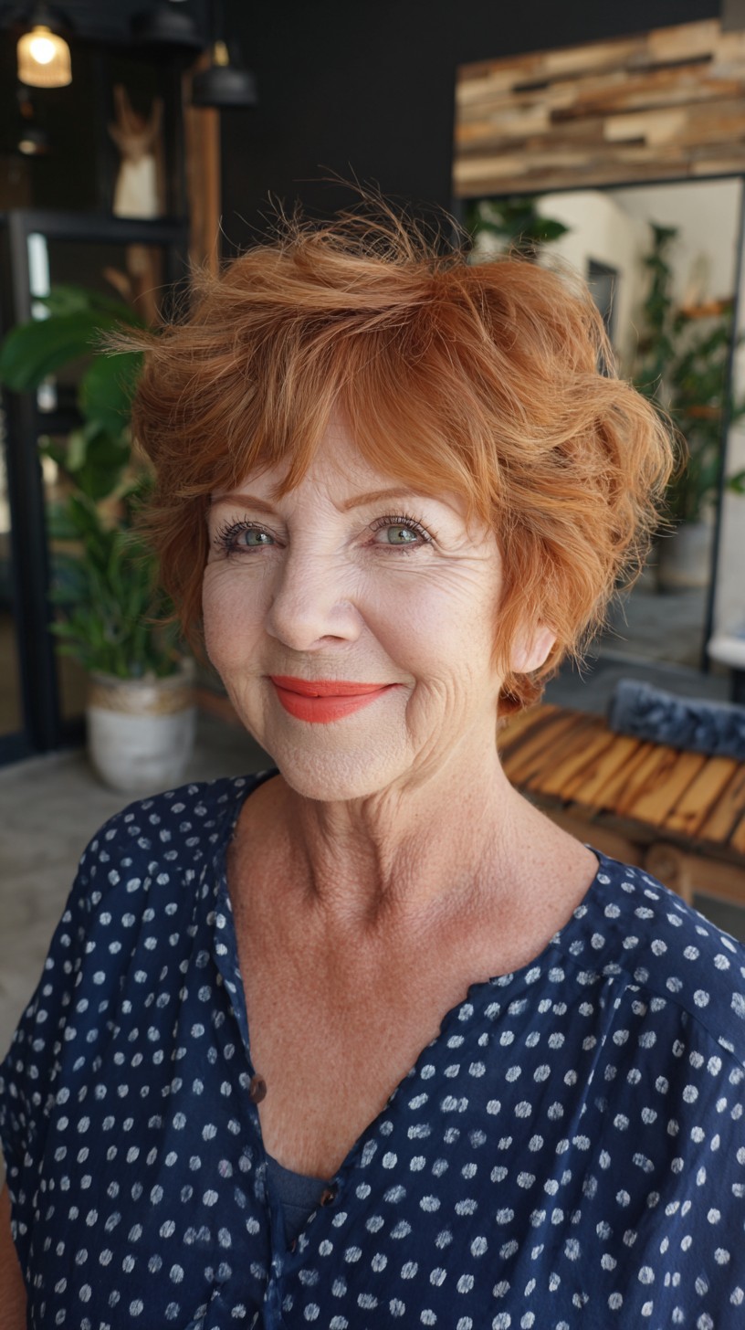 Short Airy Copper Pixie-Bob with Feathered Crown and Face-Framing Pieces