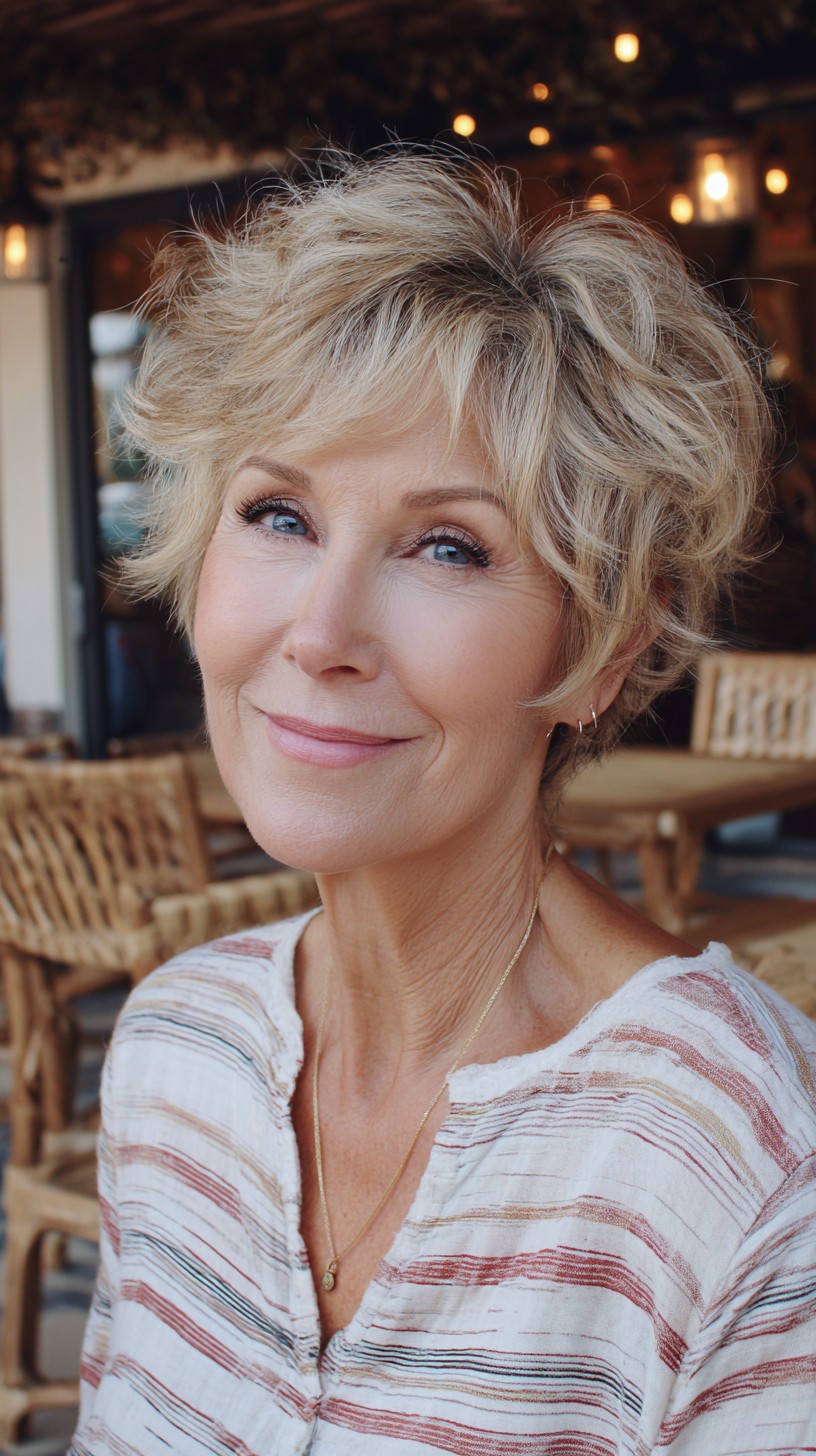 Short Textured Ash Blonde Pixie-Bob with Root Shadow