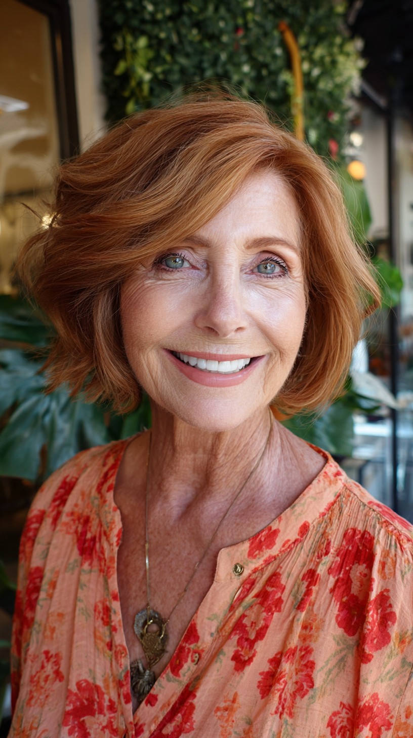 Soft Auburn Draped Bob with Sculpted Side Sweep