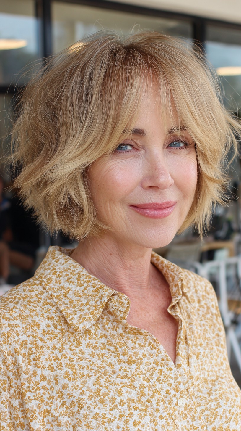 Soft Blonde Shaggy French Bob with Wispy Curtain Fringe