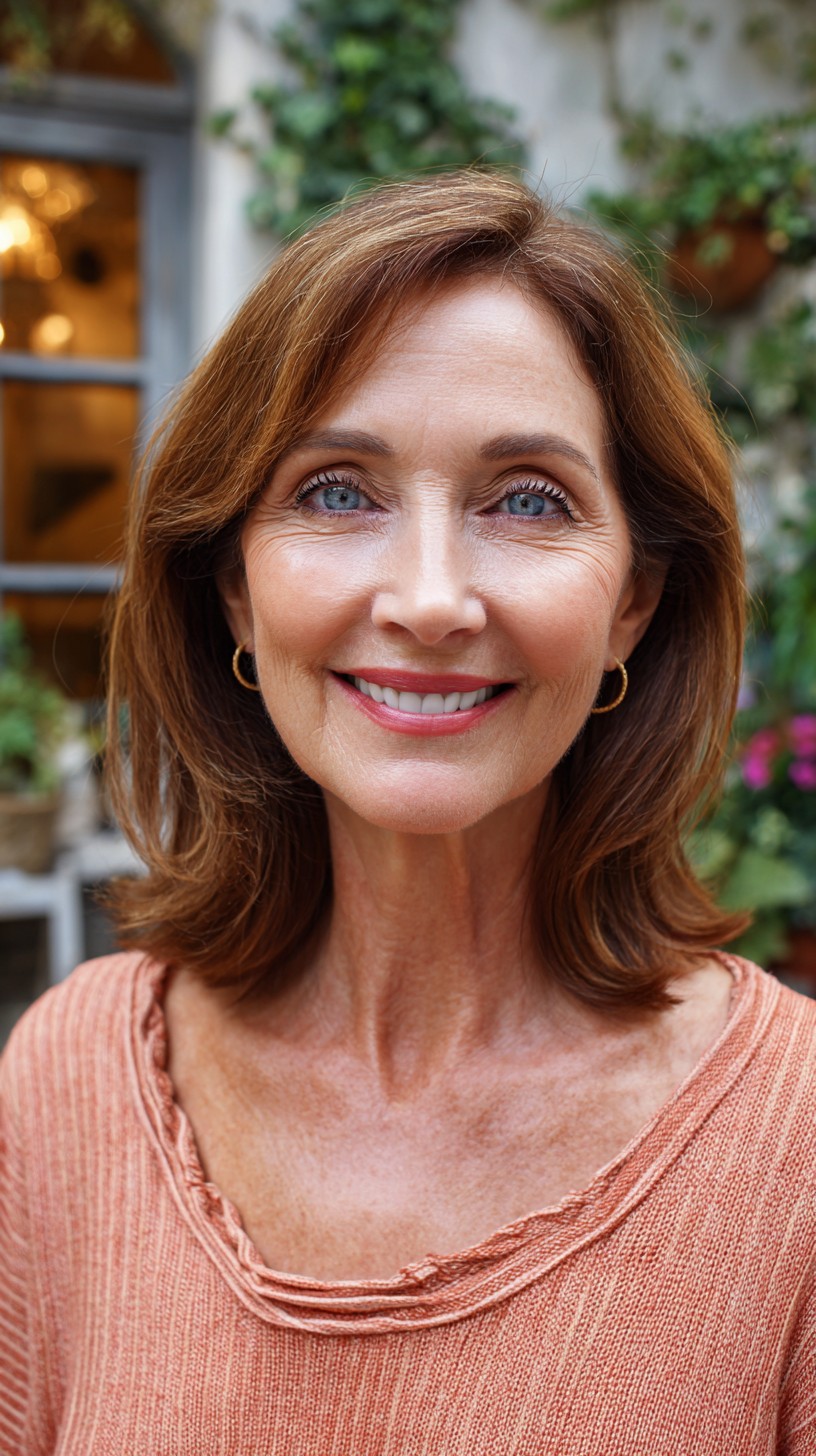 Soft Chestnut Shoulder-Grazing Lob with Face-Framing Movement