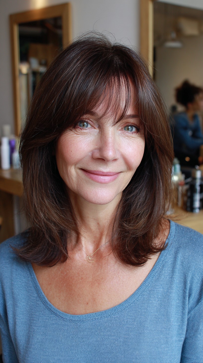 Soft Chocolate Shoulder-Length Cut with Wispy Fringe