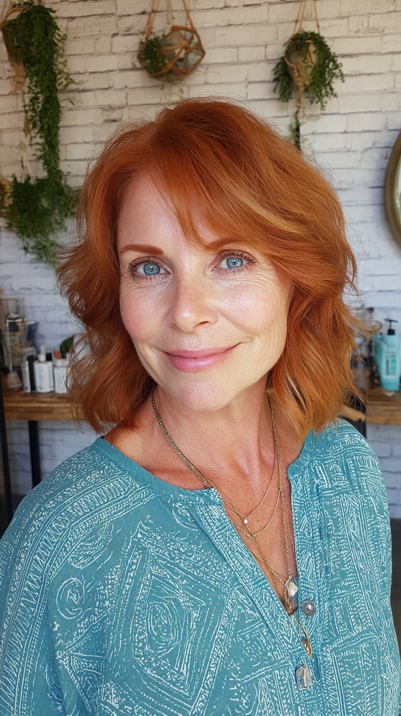 Soft Copper Textured Long Bob with Micro-Shag Layers