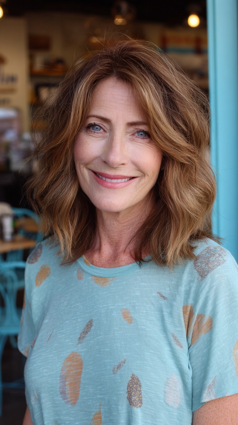 Soft Face-Framing Layered Lob with Root Smudge