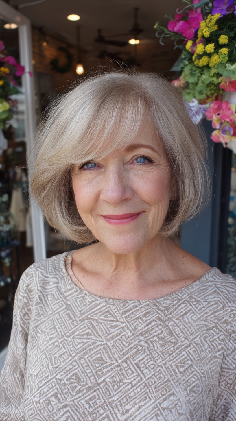 Soft Silver Sculpted Bob with Side Curtain Bangs