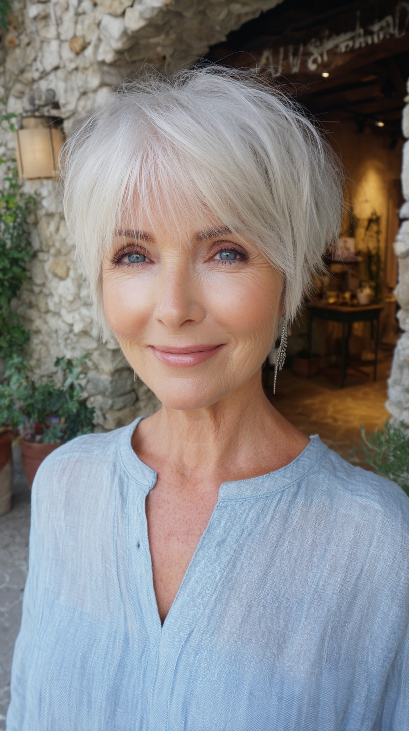 Soft Silver Stacked Pixie-Bob with Airy Micro-Fringe