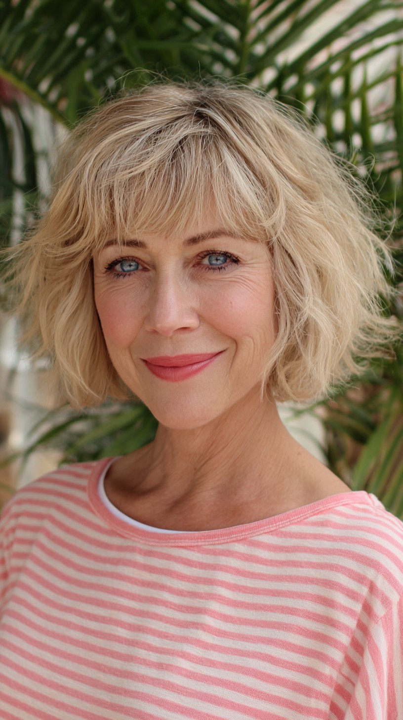 Soft Tousled Chin-Length Bob with Rounded Mini Fringe