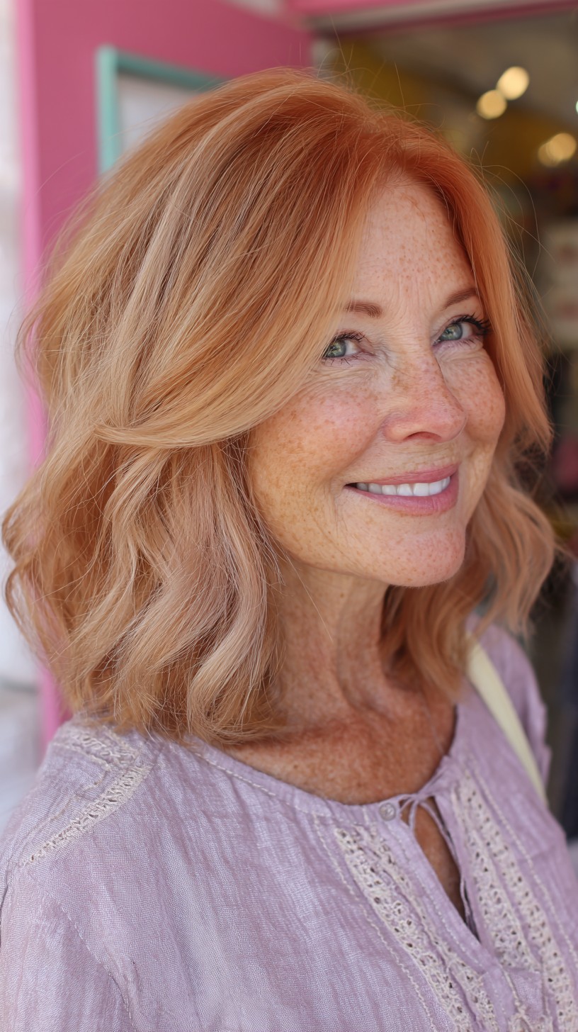 Strawberry-Blonde Layered Long Bob with Soft Face-Framing Waves
