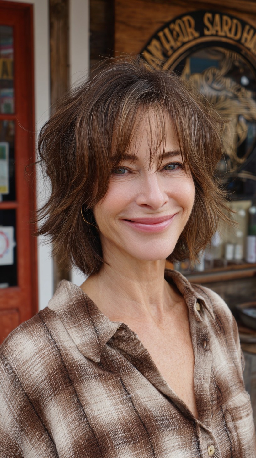 Textured Chin-Length Bob with Wispy Curtain Fringe and Soft Lowlights