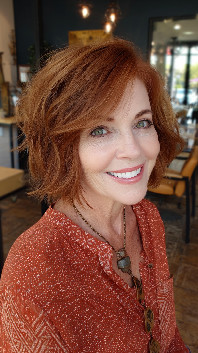 Textured Copper Layered Bob with Soft Fringe
