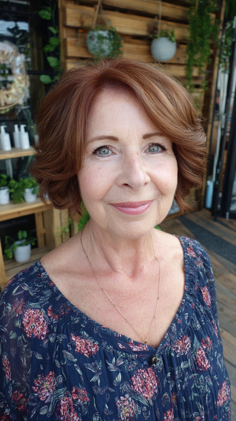 Voluminous Copper Draped Bob with Sculpted Side Sweep